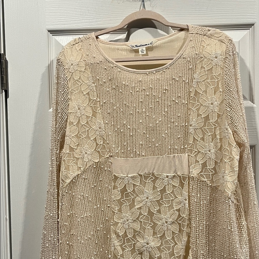 Tantrums Women’s Beige Y2K cottagecore bohemian Floral Lace Top Size XL. - Picture 2 of 16